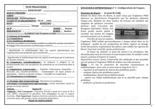 5
FICHE PEDAGOGIQUE
IDENTIFIANT
NOM ET PRENOMS : _ _ _ _ _ _ _ _ _ _ _ _ _ _ _
CORPS : _ _ _ _ _ __ _
DISCIPLINE : Mathématiques
CLASSE ET ETABLISSEMENTS : Tle D _ _ /CEG_ _ _ _ _ _ _ _ _ _ _ _ _ _
DATE : _ _ _ _ _ _ _ _ _ _ EFFECTIFS : _ _
TITLES
SA NO _ : _ _ _ _ _ _ _ _ _ _ _ _ _ _ _ _ _ _ _ _ _ _ _ _ _ _ DUREE :_ _ heures
SEQUENCES NO _ :_ _ _ _ _ _ _ _ _ _ _ _ _ _ _ DUREE :_ _ heures
ELEMENTS DE PLANIFICATION
1. Contenus de formation
1.1. Compétences
a) Lescompétencesdisciplinaires:
-Résoudreunproblèmeouunesituation-problèmeenutilisantlesconceptsetprocédures
dulangageetduraisonnement mathématique relatives _ __ _ _ _ _ _ _ _ _ _ _ _ _ _ _ _
__ _ _ _ _ _ _ _ _ _ _ _ _ _ _ _ __ __ __ _ _ _ _ _ _ _ _ _ _ _ _
- Appréhender la mathématique dans ses aspects géométriques par
l’appropriation des propriétés qui caractérisent _ __ _ _ _ _ _ _ _ _ _ _ _ _ _ _ _ __ _ _ _
_ _ _ _ _ _ _ _ _ _ _ _ __ __ __ _ _ _ _ _ _ _ _ _ _ _ _ _ _ _ __ _ _ _
- Appréhender la mathématique dans ses aspects numériques par le traitement
de données relatives _ __ _ _ _ _ _ _ _ _ _ _ _ _ _ _ _ __ _ _ _ _ _ _ _ _ _ _ _ _ _ _ _ __ __ __ _ _
b) Compétence transdisciplinaire :- Se préparer à intégrer la vie
professionnelle dans une perspective de réalisation de soi d’insertion dans la
société.
c) Compétences transversales : - Exploiter l’information disponible ; -
Résoudre une situation-problème ; - Communiquer de façon précise et
appropriée ; - Exercer sa pensée critique ; - Travailler en coopération.
1.2 Connaissances et techniques : _ _ _ _ _ _ _ _ _ _ _ _ _ _ _ _ _ _ _ _ _ _ __ _ _ _ _ _ _ _
_ _ _ _ _ _ _ _ __ _ _ _ _ _ _ _ _ _ _ _ _ _ _ _ __ _
1.3 Stratégie objet d’apprentissage : Résolution de problèmes.
2.Stratégies d’enseignement/apprentissage : travail individuel, travail en
groupe et travail collectif.
3.Durée : _ _ _ _ _ _ Séance NO : _ _ __ _ _ _
4-Matériel : -Pour l’enseignant : Programme d’études et guide de la classe de Tle D
craie, chiffon, instruments de géométrie, fiche pédagogique du jour et support
d’activités. - Pour l’apprenant : Supports d’activités, calculatrice, cahier de cours et de
recherche, stylos, colle, gomme, crayon, instruments de géométrie.
PHASE DE DEROULEMENT
SITUATION D’APPRENTISSAGE n° 1 : Configurations de l’espace.
Situation de départ : Le pont de Codji.
Reliant les deux rives du fleuve, le pont conçu par l’ingénieur PIKO
demeure un chef-d’œuvre d’ingénierie que les pêcheurs admirent
chaque jour. Réalisés sur deux années, les travaux ont mobilisé une
vingtaine de pêcheurs riverains,
devenus pour l’occasion des
plongeurs spécialisés. Sonon, l’un
d’eux, prend encore plaisir à
raconter aux jeunes les longues
journées passées sur le chantier.
À la tête de tous les ateliers,
l’ingénieur PIKO veillait personnellement à chaque détail. Rien ne lui
échappait : qualité du sol, composition du béton, rigueur du dosage,
forme des poutres, implantation des piliers, sans oublier les caprices du
fleuve. Tout était contrôlé, ajusté, perfectionné.
À l’issue du chantier, le pont fut ouvert à la circulation. Des
décennies plus tard, les riverains en sont toujours fiers. Sa solidité, restée
intacte, continue d’inspirer le respect.
Aujourd’hui encore, Sonon s’émerveille des méthodes et des procédés
qui ont permis à l’ingénieur PIKO de réaliser une telle prouesse
Tâche : Tu vas te construire de nouvelles connaissances en
mathématiques ; pour cela, tu auras tout au long de la S.A, à :
- exprimer ta perception de chacun des problèmes posés ;
- analyser chacun des problèmes posés ;
- mathématiser chacun des problèmes posés;
- opérer sur l’objet mathématique que tu as identifié pour chaque
problème;
- améliorer au besoin ta production.
 