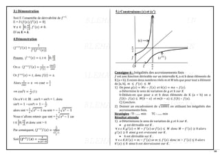 58
Consigne 6 : Inégalités des accroissements finis
𝑓 est une fonction dérivable sur un intervalle K, a et b deux éléments de
K (a < b). Il existe deux nombres réels m et M tels que pour tout x élément
de [a, b], 𝑚 ≤ 𝑓’(𝑥) ≤ 𝑀
1) On pose 𝑔(𝑥) = 𝑀𝑥 − 𝑓(𝑥) 𝑒𝑡 ℎ(𝑥) = 𝑚𝑥 − 𝑓(𝑥).
a-Détermine le sens de variation de 𝑔 𝑒𝑡 ℎ 𝑠𝑢𝑟 𝐾
b-Déduis-en que pour a et b deux éléments de K (a < b) on a
𝑓(𝑏)– 𝑓(𝑎) ≤ 𝑀(𝑏 − 𝑎) 𝑒𝑡 𝑚(𝑏 − 𝑎) ≤ 𝑓(𝑏) – 𝑓(𝑎).
C) Conclure.
2) Donner un encadrement de √10001 en utilisant les inégalités des
accroissements finis.
Stratégies : TI : ...... min TC : ....... min
Résultat attendu
1) a-Déterminons le sens de variation de 𝑔 𝑒𝑡 ℎ 𝑠𝑢𝑟 𝐾.
• 𝑔 est dérivable sur 𝐾 .
∀ 𝑥 𝜖 𝐾;𝑔′(𝑥) = 𝑀 − 𝑓′(𝑥) or 𝑓’(𝑥) ≤ 𝑀 𝑑𝑜𝑛𝑐 𝑀 − 𝑓′(𝑥) ≥ 0 𝑎𝑙𝑜𝑟𝑠
𝑔′(𝑥) ≥ 0 ainsi 𝑔 𝑒𝑠𝑡 𝑐𝑟𝑜𝑖𝑠𝑠𝑎𝑛𝑡 𝑠𝑢𝑟 𝐾.
• ℎ est dérivable sur 𝐾 .
∀ 𝑥 𝜖 𝐾;ℎ′(𝑥) = 𝑚 − 𝑓′(𝑥) or 𝑚 ≤ 𝑓’(𝑥) 𝑑𝑜𝑛𝑐 𝑚 − 𝑓′(𝑥) ≤ 0 𝑎𝑙𝑜𝑟𝑠
ℎ′(𝑥) ≤ 0 ainsi ℎ 𝑒𝑠𝑡 𝑑𝑒𝑐𝑟𝑜𝑖𝑠𝑠𝑎𝑛𝑡 𝑠𝑢𝑟 𝐾.
 