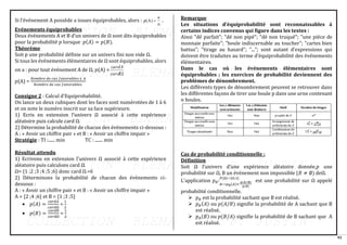 93
Si l'événement A possède a issues équiprobables, alors : p A
a
n
( ) = .
Evénements équiprobables
Deux événements A et B d’un univers de Ω sont dits équiprobables
pour la probabilité 𝑝 lorsque 𝑝(𝐴) = 𝑝(𝐵).
Théorème
Soit p une probabilité définie sur un univers fini non vide Ω.
Si tous les événements élémentaires de Ω sont équiprobables, alors
on a : pour tout événement A de Ω, 𝑝(A) =

card
cardA
𝑝(A) =
𝑁𝑜𝑚𝑏𝑟𝑒 𝑑𝑒 𝑐𝑎𝑠 𝑓𝑎𝑣𝑜𝑟𝑎𝑏𝑙𝑒𝑠 à 𝐴
𝑁𝑜𝑚𝑏𝑟𝑒 𝑑𝑒 𝑐𝑎𝑠 𝑓𝑎𝑣𝑜𝑟𝑎𝑏𝑙𝑒𝑠
Consigne 2 : Calcul d’Equiprobabilité.
On lance un deux cubiques dont les faces sont numérotées de 1 à 6
et on note le numéro inscrit sur sa face supérieure.
1) Ecris en extension l’univers Ω associé à cette expérience
aléatoire puis calcule card Ω.
2) Détermine la probabilité de chacun des événements ci-dessous :
A : « Avoir un chiffre pair » et B : « Avoir un chiffre impair »
Stratégie : TI :...... min TC : ....... min
Résultat attendu
1) Ecrivons en extension l’univers Ω associé à cette expérience
aléatoire puis calculons card Ω.
Ω= {1 ;2 ;3 ;4 ;5 ;6} donc card Ω.=6
2) Déterminons la probabilité de chacun des évènements ci-
dessous :
A : « Avoir un chiffre pair » et B : « Avoir un chiffre impair »
A = {2 ;4 ;6} et B = {1 ;3 ;5}
• 𝑝(𝐴) =
𝑐𝑎𝑟𝑑𝐴
𝑐𝑎𝑟𝑑Ω
=
1
2
• 𝑝(𝐵) =
𝑐𝑎𝑟𝑑𝐵
𝑐𝑎𝑟𝑑Ω
=
1
2
Remarque
Les situations d’équiprobabilité sont reconnaissables à
certains indices convenus qui figure dans les textes :
Ainsi "dé parfait"; "dé non pipé"; "dé non truqué"; "une pièce de
monnaie parfaite"; "boule indiscernable au toucher"; "cartes bien
battus"; "tirage au hasard"; "..."; sont autant d’expressions qui
doivent être traduites au terme d’équiprobabilité des événements
élémentaires.
Dans le cas où les événements élémentaires sont
équiprobables ; les exercices de probabilité deviennent des
problèmes de dénombrement.
Les différents types de dénombrement peuvent se retrouver dans
les différentes façons de tirer une boule p dans une urne contenant
𝑛 boules.
Cas de probabilité conditionnelle :
Définition
Soit Ω l’univers d’une expérience aléatoire donnée,𝑝 une
probabilité sur Ω, B un événement non impossible (𝐵 ≠ ∅) deΩ.
L’application 𝑝𝐵:
𝐴⟼𝑝𝐵(𝐴)=
p(A∩B)
𝑝(𝐵)
𝑃(Ω)→[0;1]
est une probabilité sur Ω appelé
probabilité conditionnelle.
➢ 𝑝𝐵 est la probabilité sachant que B est réalisé.
➢ 𝑝𝐵(𝐴) ou 𝑝(𝐴/𝐵) signifie la probabilité de A sachant que B
est réalisé.
➢ 𝑝𝐴(𝐵) ou 𝑝(𝐵/𝐴) signifie la probabilité de B sachant que A
est réalisé.
 