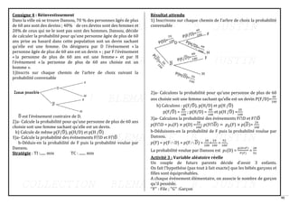 95
Consigne 4 : Réinvestissement
Dans la ville où se trouve Dansou, 70 % des personnes âgés de plus
de 60 ans sont des devins ; 40% de ces devins sont des femmes et
20% de ceux qui ne le sont pas sont des hommes. Dansou, décide
de calculer la probabilité pour qu’une personne âgée de plus de 60
ans prise au hasard dans cette population soit un devin sachant
qu’elle est une femme. On désignera par D l’évènement « la
personne âgée de plus de 60 ans est un devin » ; par F l’évènement
« la personne de plus de 60 ans est une femme » et par H
l’évènement « la personne de plus de 60 ans choisie est un
homme ».
1)Inscris sur chaque chemin de l’arbre de choix suivant la
probabilité convenable
D
̅ est l’évènement contraire de D.
2)a- Calcule la probabilité pour qu’une personne de plus de 60 ans
choisie soit une femme sachant qu’elle est un devin.
b) Calcule de même p(F/D
̅), p(H/D) et p(H /D
̅)
3)a- Calcule la probabilité des évènements F⋂D et F⋂D
̅
b-Déduis-en la probabilité de F puis la probabilité voulue par
Dansou.
Stratégie : TI :...... min TC : ....... min
Résultat attendu
1) Inscrivons sur chaque chemin de l’arbre de choix la probabilité
convenable
2)a- Calculons la probabilité pour qu’une personne de plus de 60
ans choisie soit une femme sachant qu’elle est un devin P(F/D)=
40
100
b) Calculons : p(F/D
̅), p(H/D) et p(H /D
̅)
p(F/D
̅) =
80
100
; p(H/D) =
60
100
et p(H /D
̅) =
20
100
3)a- Calculons la probabilité des évènements F⋂D et F⋂D
̅
𝑝(F⋂D = 𝑝D(F) × 𝑝(D) =
28
100
; 𝑝(F⋂D) = 𝑝𝐷(F) × 𝑝(𝐷)=
24
100
b-Déduisons-en la probabilité de F puis la probabilité voulue par
Dansou.
𝑝(F) = 𝑝(F D) + 𝑝(F 𝐷) =
28
100
+
24
100
=
52
100
.
La probabilité voulue par Dansou est 𝑝F(D) =
𝑝(𝐷∩𝐹)
𝑃(𝐹)
=
28
52
Activité 3 : Variable aléatoire réelle
Un couple de futurs parents décide d'avoir 3 enfants.
On fait l'hypothèse (pas tout à fait exacte) que les bébés garçons et
filles sont équiprobables.
A chaque événement élémentaire, on associe le nombre de garçon
qu'il possède.
‘’F’’ : File ; ‘’G’’ :Garçon
 