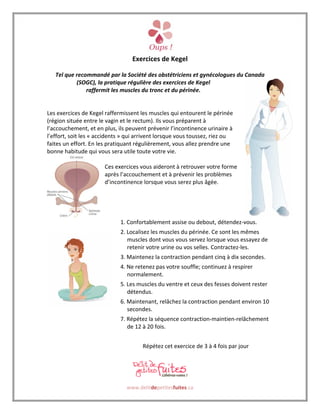  
 
                                   Exercices de Kegel 
 
    Tel que recommandé par la Société des obstétriciens et gynécologues du Canada 
            (SOGC), la pratique régulière des exercices de Kegel 
                raffermit les muscles du tronc et du périnée. 
 
                                           
Les exercices de Kegel raffermissent les muscles qui entourent le périnée 
(région située entre le vagin et le rectum). Ils vous préparent à 
l’accouchement, et en plus, ils peuvent prévenir l’incontinence urinaire à 
l’effort, soit les « accidents » qui arrivent lorsque vous toussez, riez ou 
faites un effort. En les pratiquant régulièrement, vous allez prendre une 
bonne habitude qui vous sera utile toute votre vie.  
                           
                          Ces exercices vous aideront à retrouver votre forme 
                          après l’accouchement et à prévenir les problèmes 
                          d’incontinence lorsque vous serez plus âgée.  
                                                      
                           


                             1. Confortablement assise ou debout, détendez‐vous. 
                             2. Localisez les muscles du périnée. Ce sont les mêmes 
                                muscles dont vous vous servez lorsque vous essayez de 
                                retenir votre urine ou vos selles. Contractez‐les. 
                             3. Maintenez la contraction pendant cinq à dix secondes. 
                             4. Ne retenez pas votre souffle; continuez à respirer 
                                normalement. 
                             5. Les muscles du ventre et ceux des fesses doivent rester 
                                détendus. 
                             6. Maintenant, relâchez la contraction pendant environ 10 
                                secondes. 
                             7. Répétez la séquence contraction‐maintien‐relâchement 
                                de 12 à 20 fois. 
                              
                                       Répétez cet exercice de 3 à 4 fois par jour 




                                              
                                 www.delitdepetitesfuites.ca 
 