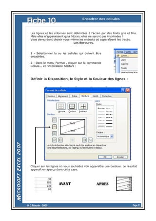 Fiche 10

Encadrer des cellules

Les lignes et les colonnes sont délimitées à l'écran par des traits gris et fins.
Mais elles n'apparaissent qu'à l'écran, elles ne seront pas imprimées !
Vous devez donc choisir vous-même les endroits où apparaîtront les tracés.
Les Bordures.

1 - Sélectionner la ou les cellules qui doivent être
encadrées.
2 - Dans le menu Format , cliquer sur la commande
Cellule... et l'intercalaire Bordure :

Définir la Disposition, le Style et la Couleur des lignes :

Cliquer sur les lignes où vous souhaitez voir apparaître une bordure. Le résultat
apparaît en aperçu dans cette case.

AVANT

@ G.Maurin - 2009

APRES

Page 11

 