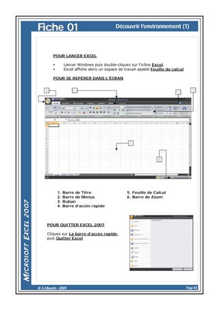 Fiche 01

Découvrir l’environnement (1)

POUR LANCER EXCEL
•
•

Lancer Windows puis double-cliquez sur l’icône Excel.
Excel affiche alors un espace de travail appelé Feuille de calcul

POUR SE REPÉRER DANS L’ÉCRAN

1.
2.
3.
4.

Barre de Titre
Barre de Menus
Ruban
Barre d’accès rapide

5. Feuille de Calcul
6. Barre de Zoom

POUR QUITTER EXCEL 2007
Cliquez sur La barre d’accès rapide,
puis Quitter Excel

@ G.Maurin - 2009

Page 02

 