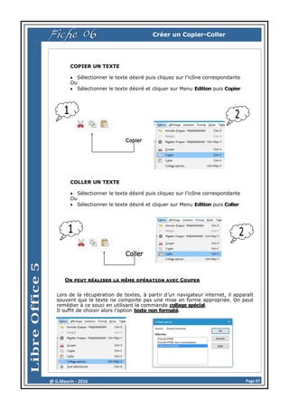 Page 07@ G.Maurin - 2016
Créer un Copier-Coller
COPIER UN TEXTE
 Sélectionner le texte désiré puis cliquez sur l’icône correspondante
Ou
 Sélectionner le texte désiré et cliquer sur Menu Edition puis Copier
COLLER UN TEXTE
 Sélectionner le texte désiré puis cliquez sur l’icône correspondante
Ou
 Sélectionner le texte désiré et cliquer sur Menu Edition puis Coller
On peut réaliser la même opération avec Couper
Fiche 06
Lors de la récupération de textes, à partir d’un navigateur internet, il apparaît
souvent que le texte ne comporte pas une mise en forme appropriée. On peut
remédier à ce souci en utilisant la commande collage spécial.
Il suffit de choisir alors l’option texte non formaté.
 