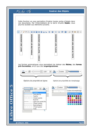 Page 09@ G.Maurin - 2016
Fiche 08 Insérer des Objets
Cette fonction va vous permettre d’insérer toutes sortes d’objets dans
vos documents. Par l’intermédiaire de la barre d’outils Dessin, vous
pourrez accéder aux éléments suivants.
Les formes automatiques vous permettent de réaliser des flèches, des formes
pré-formatées, ainsi que des organigrammes.
DESSINERUNELIGNE
DESSINERUNEFLECHE
DESSINERUNRECTANGLE
DESSINERUNEELLIPSE/CERCLE
INSERERUNEZONEDETEXTE
Options de propriété de lignes Options de propriétés de remplissage
 
