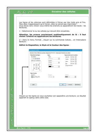 Page 10@ G.Maurin - 2016
Encadrer des cellules
Fiche 09
Les lignes et les colonnes sont délimitées à l'écran par des traits gris et fins.
Mais elles n'apparaissent qu'à l'écran, elles ne seront pas imprimées !
Vous devez donc choisir vous-même les endroits où apparaîtront les tracés : les
Bordures.
1 - Sélectionner la ou les cellules qui doivent être encadrées.
Attention, les erreurs proviennent systématiquement de là : il faut
choisir l'endroit où apparaitront les bordures.
2 - Dans le menu Format , cliquer sur la commande Cellule... et l'intercalaire
Bordure :
Définir la Disposition, le Style et la Couleur des lignes :
Cliquer sur les lignes où vous souhaitez voir apparaître une bordure. Le résultat
apparaît en aperçu dans cette case.
 