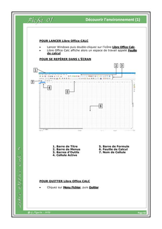 Page 02@ G.Maurin - 2016
Découvrir l’environnement (1)
POUR LANCER Libre Office CALC
 Lancer Windows puis double-cliquez sur l’icône Libre Office Calc.
 Libre Office Calc affiche alors un espace de travail appelé Feuille
de calcul
POUR SE REPÉRER DANS L’ÉCRAN
1. Barre de Titre
2. Barre de Menus
3. Barres d’Outils
4. Cellule Active
5. Barre de Formule
6. Feuille de Calcul
7. Nom de Cellule
POUR QUITTER Libre Office CALC
 Cliquez sur Menu Fichier, puis Quitter
Fiche 01
 