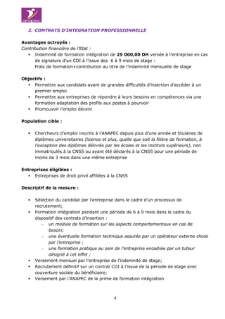 3èmes Assises de l’Emplo3èmes Assises
4
2. CONTRATS D’INTEGRATION PROFESSIONNELLE
Avantages octroyés :
Contribution financière de l’Etat :
 Indemnité de formation intégration de 25 000,00 DH versée à l’entreprise en cas
de signature d’un CDI à l’issue des 6 à 9 mois de stage :
Frais de formation+contribution au titre de l’indemnité mensuelle de stage
Objectifs :
 Permettre aux candidats ayant de grandes difficultés d’insertion d’accéder à un
premier emploi
 Permettre aux entreprises de répondre à leurs besoins en compétences via une
formation adaptation des profils aux postes à pourvoir
 Promouvoir l’emploi décent
Population cible :
 Chercheurs d’emploi inscrits à l’ANAPEC depuis plus d’une année et titulaires de
diplômes universitaires (licence et plus, quelle que soit la filière de formation, à
l’exception des diplômes délivrés par les écoles et les instituts supérieurs), non
immatriculés à la CNSS ou ayant été déclarés à la CNSS pour une période de
moins de 3 mois dans une même entreprise
Entreprises éligibles :
 Entreprises de droit privé affiliées à la CNSS
Descriptif de la mesure :
 Sélection du candidat par l’entreprise dans le cadre d’un processus de
recrutement;
 Formation intégration pendant une période de 6 à 9 mois dans le cadre du
dispositif des contrats d’insertion :
- un module de formation sur les aspects comportementaux en cas de
besoin;
- une éventuelle formation technique assurée par un opérateur externe choisi
par l’entreprise ;
- une formation pratique au sein de l’entreprise encadrée par un tuteur
désigné à cet effet ;
 Versement mensuel par l’entreprise de l’indemnité de stage;
 Recrutement définitif sur un contrat CDI à l’issue de la période de stage avec
couverture sociale du bénéficiaire;
 Versement par l’ANAPEC de la prime de formation intégration
 
