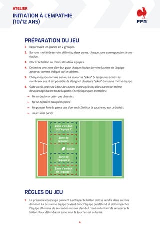 4
ATELIER
INITIATION À L’EMPATHIE
(10/12 ANS)
PRÉPARATION DU JEU
1. Répartissez les jeunes en 2 groupes.
2. Sur une moitié de terrain, délimitez deux zones, chaque zone correspondant à une
équipe.
3. Placez le ballon au milieu des deux équipes.
4. Délimitez une zone d’en-but pour chaque équipe derrière la zone de l’équipe
adverse, comme indiqué sur le schéma.
5. Chaque équipe nomme son ou sa joueur·se “joker”. Si les jeunes sont très
nombreux·ses, il est possible de désigner plusieurs “joker” dans une même équipe.
6. Suite à cela, précisez à tous les autres jeunes qu’ils ou elles auront un même
désavantage durant toute la partie. En voici quelques exemples :
— Ne se déplacer qu’en pas chassés ;
— Ne se déplacer qu’à pieds joints ;
— Ne pouvoir faire la passe que d’un seul côté (sur la gauche ou sur la droite) ;
— Jouer sans parler.
RÈGLES DU JEU
1. La première équipe qui parvient à attraper le ballon doit se rendre dans sa zone
d’en-but. La deuxième équipe devient donc l’équipe qui défend et doit empêcher
l’équipe offensive de se rendre en zone d’en-but, tout en tentant de récupérer le
ballon. Pour défendre sa zone, seul le toucher est autorisé.
Zone de
l’équipe 1
Zone d’en-but
de l’équipe 1
Zone d’en-but
de l’équipe 2
Zone de
l’équipe 2
Ballon
 