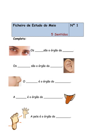 Ficheiro de Estudo do Meio
5 Sentidos
Nº 1
Completa:
Os são o órgão da ______.
Os são o órgão da .
O é o órgão do .
A ______ é o órgão do .
A pele é o órgão do .
 