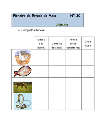 Ficheiro de Estudo do Meio
Animais
Nº 20
1- Completa a tabela:
Qual o
seu
nome?
Como se
desloca?
Tem o
corpo
coberto de:
Onde
vive?
 