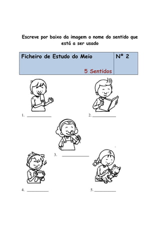 Escreve por baixo da imagem o nome do sentido que
está a ser usado
Ficheiro de Estudo do Meio
5 Sentidos
Nº 2
1. 2.
.
3.
4. 5.
 