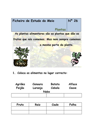 Ficheiro de Estudo do Meio
Plantas
Nº 26
As plantas alimentares são as plantas que dão os
frutos que nós comemos. Mas nem sempre comemos
a mesma parte da planta.
1. Coloca os alimentos no lugar correcto:
Agriões Cenoura Batata Alface
Feijão Laranja Cebola Couve
Nabo
Fruto Raiz Caule Folha
 