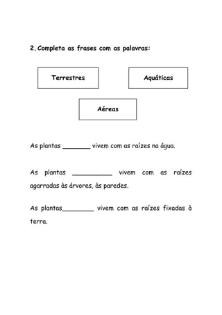 2.Completa as frases com as palavras:
As plantas _______ vivem com as raízes na água.
As plantas __________ vivem com as raízes
agarradas às árvores, às paredes.
As plantas________ vivem com as raízes fixadas à
terra.
Terrestres Aquáticas
Aéreas
 