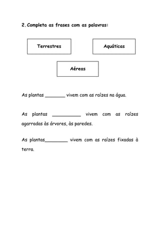 2.Completa as frases com as palavras:
As plantas _______ vivem com as raízes na água.
As plantas __________ vivem com as raízes
agarradas às árvores, às paredes.
As plantas________ vivem com as raízes fixadas à
terra.
Terrestres Aquáticas
Aéreas
 