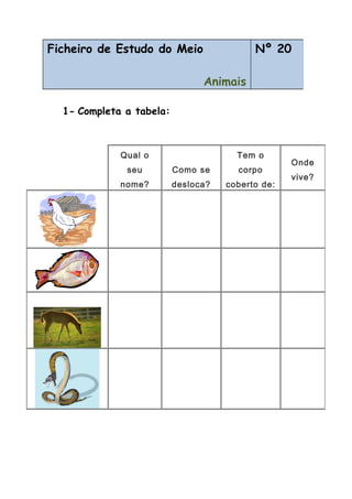 1- Completa a tabela:
Ficheiro de Estudo do Meio
Animais
Nº 20
Qual o
seu
nome?
Como se
desloca?
Tem o
corpo
coberto de:
Onde
vive?
 