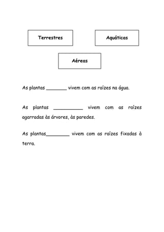 As plantas _______ vivem com as raízes na água.
As plantas __________ vivem com as raízes
agarradas às árvores, às paredes.
As plantas________ vivem com as raízes fixadas à
terra.
Terrestres Aquáticas
Aéreas
 