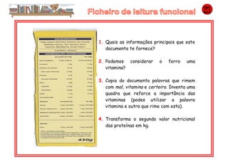 1. Quais as informações principais que este
documento te fornece?
2. Podemos considerar o ferro uma
vitamina?
3. Copia do documento palavras que rimem
com mal, vitamina e certeiro. Inventa uma
quadra que reforce a importância das
vitaminas (podes utilizar a palavra
vitamina e outra que rime com esta).
4. Transforma o segundo valor nutricional
das proteínas em kg.
 