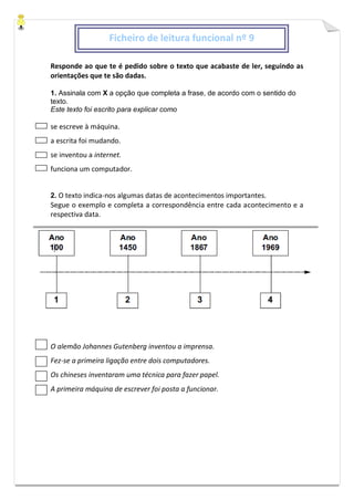 Responde ao que te é pedido sobre o texto que acabaste de ler, seguindo as
orientações que te são dadas.
1. Assinala com X a opção que completa a frase, de acordo com o sentido do
texto.
Este texto foi escrito para explicar como
se escreve à máquina.
a escrita foi mudando.
se inventou a internet.
funciona um computador.
2. O texto indica-nos algumas datas de acontecimentos importantes.
Segue o exemplo e completa a correspondência entre cada acontecimento e a
respectiva data.
O alemão Johannes Gutenberg inventou a imprensa.
Fez-se a primeira ligação entre dois computadores.
Os chineses inventaram uma técnica para fazer papel.
A primeira máquina de escrever foi posta a funcionar.
Ficheiro de leitura funcional nº 9
 