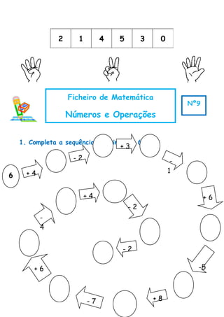 1. Completa a sequência, partindo do 6.
2 1 4 5 3 0
Ficheiro de Matemática
Números e Operações
Nº9
+ 4
-5
+ 6
-
1
- 2
+ 3
-
4
+ 6
- 7 + 8
- 2
- 2
+ 4
6
 