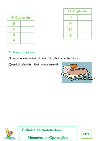 O Triplo de
 O Dobro de                                   8
   8                                          4
   6                                         10
   5                                          2
   4


3. Pensa e resolve.

O padeiro leva todos os dias 350 pães para distribuir.

Quantos pães distribui numa semana?




          Ficheiro de Matemática
                                                         Nº9
              Números e Operações
 