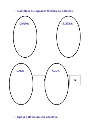 1. Completa as seguintes famílias de palavras.
Ficha de Ortografia
Sinonímia
14
1. Liga a palavra ao seu sinónimo.
CASA
CHUVA JUSTIÇA
ÀGUA
 