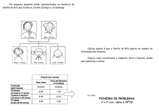 No esquema seguinte estão representados os membros da
família da Rita que foram ao Jardim Zoológico, no Domingo.




                                                                      Calcula quanto é que a família da Rita gastou na compra da
                                                               totalidade dos bilhetes.

                                                                     Explica como encontraste a resposta. Para o fazeres, podes
                                                               usar palavras e contas.




                                                                     P.A. 2002

                                                                                 FICHEIRO DE PROBLEMAS
                                                                                  3º e 4º anos - Série X Nº19
 