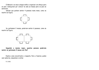 O Manuel e os seus colegas estão a organizar um almoço para
os pais. Começaram por colocar na sala as mesas para os pais se
sentarem.
      Sabiam que podiam sentar 4 pessoas numa mesa, como se
mostra na figura.




     Se juntassem 2 mesas, poderiam sentar 6 pessoas, como se
mostra na figura.




      Seguindo a mesma regra, quantas         pessoas   poderiam
sentar se juntassem 4 mesas em fila?



      Explica como encontraste a resposta. Para o fazeres, podes
usar palavras, esquemas e contas

      P.A. 2003
 
