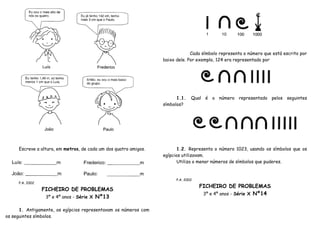 Cada símbolo representa o número que está escrito por
                                                                  baixo dele. Por exemplo, 124 era representado por




                                                                        1.1.    Qual é o número representado pelos seguintes
                                                                  símbolos?




     Escreve a altura, em metros, de cada um dos quatro amigos.          1.2. Representa o número 1023, usando os símbolos que os
                                                                  egípcios utilizavam.
                                                                         Utiliza o menor números de símbolos que puderes.


                                                                        P.A. 2002
     P.A. 2002
                                                                                    FICHEIRO DE PROBLEMAS
                 FICHEIRO DE PROBLEMAS
                                                                                     3º e 4º anos - Série X Nº14
                  3º e 4º anos - Série X Nº13

      1. Antigamente, os egípcios representavam os números com
os seguintes símbolos.
 