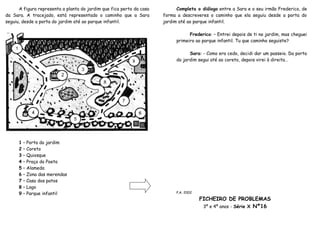 A figura representa a planta do jardim que fica perto da casa         Completa o diálogo entre a Sara e o seu irmão Frederico, de
da Sara. A tracejado, está representado o caminho que a Sara          forma a descreveres o caminho que ela seguiu desde a porta do
seguiu, desde a porta do jardim até ao parque infantil.               jardim até ao parque infantil.

                                                                                  Frederico: – Entrei depois de ti no jardim, mas cheguei
                                                                            primeiro ao parque infantil. Tu que caminho seguiste?

                                                                                  Sara: - Como era cedo, decidi dar um passeio. Da porta
                                                                            do jardim segui até ao coreto, depois virei à direita…




      1   – Porta do jardim
      2   – Coreto
      3   – Quiosque
      4   – Praça do Poeta
      5   – Alameda
      6   – Zona das merendas
      7   – Casa dos patos
      8   – Lago
      9   – Parque infantil                                                 P.A. 2002

                                                                                        FICHEIRO DE PROBLEMAS
                                                                                         3º e 4º anos - Série X Nº16
 