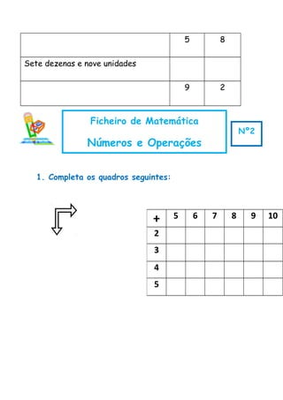5 8
Sete dezenas e nove unidades
9 2
1. Completa os quadros seguintes:
+ 5 6 7 8 9 10
2
3
4
5
Ficheiro de Matemática
Números e Operações
Nº2
 