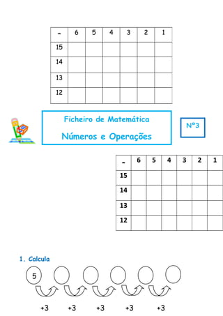 1. Calcula
- 6 5 4 3 2 1
15
14
13
12
- 6 5 4 3 2 1
15
14
13
12
5
+3 +3 +3 +3 +3
Ficheiro de Matemática
Números e Operações
Nº3
 