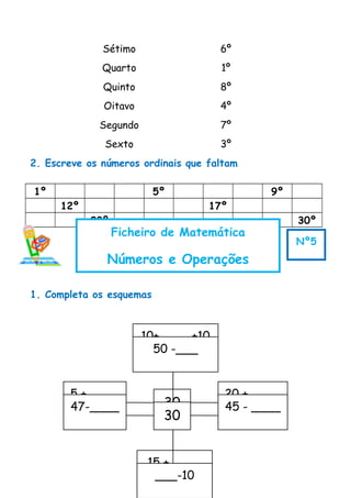 Sétimo 6º
Quarto 1º
Quinto 8º
Oitavo 4º
Segundo 7º
Sexto 3º
2. Escreve os números ordinais que faltam
1º 5º 9º
12º 17º
23º 30º
1. Completa os esquemas
30
20 + ____
15 + ____
10+ ____+10
5 + ____
30
45 - ____
___-10
50 -___
47-____
Ficheiro de Matemática
Números e Operações
Nº5
 