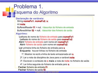 Problema 1.
Esquema do Algoritmo
 Declaração de variáveis:
  String nomeFx1, nomeFx2, s ;
         nomeFx1 nomeFx2
  int nota;
      nota
  BufferedReader f1 = nul; //descritor do ficheiro de entrada
  BufferedWriter f2 = null; //descritor dos ficheiro de saída
 Algoritmo:
    Leitura do nome do ficheiro de entrada para nomeFx1
      Leitura do nome do ficheiro de saída para nomeFx2
    Abrir ficheiro de entrada com nome em nomeFx1
      Abrir ficheiro de saída com nome em nomeFx2
    Ler primeira linha do ficheiro de entrada para s
     Enquanto houver linhas no ficheiro de entrada
      1º. Mostrar no ecrã a linha de texto armazenada em s
     2º. Ler a nota da disciplina de Java para a variável nota
     3º. Escrever o conteúdo de s mais a nota de nota no ficheiro de saída
    4º. Ler linha seguinte do ficheiro de entrada para s
   Fechar ficheiro de entrada f1
   Fechar ficheiro de saída f2
                     Programação em Java 2006-2007                           9
 