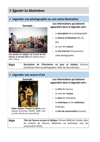 3.Légender les illustrations
• Légender une photographie ou une autre illustration
Exemple :
Une famille de réfugiés sur le port de Kos
(Grèce), le 18 août 2015 (CC-Stephen Ryan /
IFRC / Flickr).
Les informations qui doivent
apparaître dans la légende sont :
- La description de la photographie
- La licence d'utilisation (©, CC,
DP)
- Le nom de l'auteur
- Le site Internet d'où provient
cette photographie
Règle Description de l'illustration en gras et italique (Licence
d'utilisation Nom du photographe / Nom du Site Internet).
• Légender une œuvre d'art
Exemple :
Œdipe explique l'énigme du Sphinx, Jean
Auguste Dominique INGRES, 1808, huile
sur toile, Musée du Louvre (Paris).
Les informations qui doivent
apparaître dans la légende sont :
- Le titre de l'œuvre
- Le nom de l'auteur
- La date de réalisation
- La technique ou les matériaux
employés
- Le lieu de conservation (musée)
Règle Titre de l'œuvre en gras et italique, Prénom NOM de l'artiste, date
de création de l'œuvre, Matériaux ou technique, Lieu de
conservation (Ville).
 
