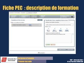 Du diplôme à l’emploi,
Franchir le pas
Bureau d’Aide à l’Insertion Professionnelle
42 rue Paul DUEZ -59000 LILLE
Onglet Compétences transversales : choisir dans la
liste
Ajouter une
compétence
transversale en
choisissant dans
la liste parmi
tous les
domaines de
compétences
transverses ci-
joint
Ne pas oublier d’indiquer
des exemples (précis) de
mise en œuvre
 