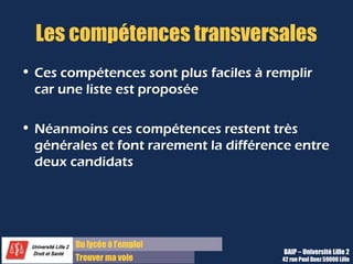 Du diplôme à l’emploi,
Franchir le pas
Bureau d’Aide à l’Insertion Professionnelle
42 rue Paul DUEZ -59000 LILLE
Onglet Mon point de vue :
Cet onglet comporte des questions intéressantes à se poser pour ajouter du sens à la description de cette
formation. Voici les principales :
•Pourquoi ai-je fait cette formation ?
•Qu'est-ce qui m'a plu particulièrement ?
•Qu'est-ce que j'ai moins aimé, qu'est-ce qui m'a paru difficile ?
•En quoi cette formation est-elle en cohérence avec mon projet professionnel ?
•Quelles sont les compétences, les connaissances, que je vais devoir compléter, développer ou améliorer ?
 