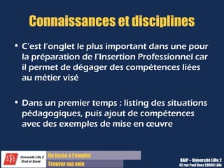 Du diplôme à l’emploi,
Franchir le pas
Bureau d’Aide à l’Insertion Professionnelle
42 rue Paul DUEZ -59000 LILLE
Exemple de Fiche Bilan Formation
Une aide
avec
exemple
et
conseils
est
accessible
à tout
moment.
Pensez à enregistrer régulièrement pour ne pas perdre vos données !
 