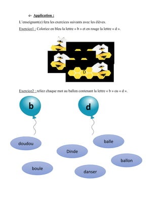 c- Application :
L’enseignant(e) fera les exercices suivants avec les élèves.
Exercice1 : Coloriez en bleu la lettre « b » et en rouge la lettre « d ».
Exercice2 : reliez chaque mot au ballon contenant la lettre « b » ou « d ».
db
doudou balle
ballon
Dinde
boule
danser
p
d
b
gB
D
q
 