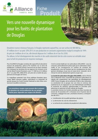 Vers une nouvelle dynamique
pour les forêts de plantation
de Douglas

Deuxième essence résineuse française, le Douglas représente aujourd'hui, sur une surface de 400 000 ha,
97 millions de m3 sur pied (IFN 2011) et une production en constante augmentation malgré la tempête de 1999 :
de près de 4 millions de m3/an, elle devrait dépasser les 5 millions de m3/an d'ici 2030.
Par ailleurs, le fort développement des marchés et des outils industriels font de cette essence un véritable atout
pour la forêt de production de moyenne montagne.

Pour ALLIANCE le Douglas constitue dès aujourd'hui la deuxième      C'est le constat établi par nos sylviculteurs d'ALLIANCE : ceux du
essence de production, après le Pin maritime. Sur sa terre de       Limousin, particulièrement préoccupés par la valorisation indus-
prédilection : le Massif Central, il recouvre de son beau manteau   trielle et ses conséquences en matière de conduite des
vert chatoyant les territoires de nos agences du Limousin et du     peuplements, ceux de Forestarn par les conséquences du chan-
sud du Massif Central (Forestarn), avec 171 000 ha et 52 millions   gement climatique, et par tous en raison de la nécessité de di-
de m3 sur pied (IFN, 2006-2010), soit près de la moitié des peu-    minuer le coût du reboisement après la coupe rase.
plements de Douglas de France.
                                                                    Le Comité de sylviculture Douglas d'ALLIANCE, créé le 3 février
Ce magnifique potentiel, fruit d'une politique forestière dyna-     2012 à Mazamet (Tarn), rassemble des praticiens (sylviculteurs et
mique alliant pouvoirs publics, sylviculteurs et industriels (la    salariés des coopératives), des spécialistes du développement
grande époque du Fonds Forestier National) se doit d'être cons-     (CRPF, France Douglas), de la recherche (FCBA) et des industriels.
tamment travaillé et entretenu.                                     La constitution de ce groupe vise une mise en commun des
                                                                    expériences et, en s'appuyant sur une méthodologie scientifique,
                                                                    la recherche de solutions opérationnelles et concrètes pour
  Les premières coupes rases posent dès à présent                   pérenniser et optimiser la forêt cultivée de Douglas.
  la question du renouvellement de ces peuple-                      La première réunion du Comité, précédée par deux tournées de
  ments pour répondre aux enjeux de demain.                         terrain (le 18 novembre 2011 à Forestarn et le 19 janvier dans le
                                                                    Limousin), a dégagé trois axes prioritaires d'actions, à entrepren-
                                                                    dre dès 2012 :
                                                                    ■   L'amélioration de la qualité génétique des plants.
                                                                    ■   La diminution du coût du reboisement.
                                                                    ■   La recherche de conduites de peuplement alternatives.
 