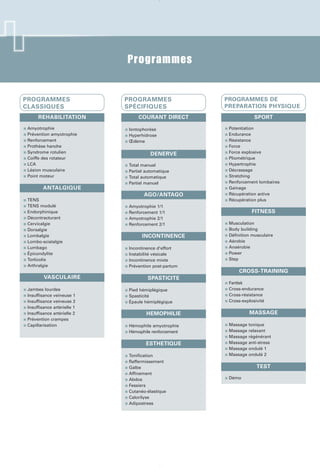 Programmes
■ Amyotrophie
■ Prévention amyotrophie
■ Renforcement
■ Prothèse hanche
■ Syndrome rotulien
■ Coiffe des rotateur
■ LCA
■ Lésion musculaire
■ Point moteur
■ TENS
■ TENS modulé
■ Endorphinique
■ Décontracturant
■ Cervicalgie
■ Dorsalgie
■ Lombalgie
■ Lombo-sciatalgie
■ Lumbago
■ Épicondylite
■ Torticolis
■ Arthralgie
■ Jambes lourdes
■ Insuffisance veineuse 1
■ Insuffisance veineuse 2
■ Insuffisance artérielle 1
■ Insuffisance artérielle 2
■ Prévention crampes
■ Capillarisation
VASCULAIRE
ANTALGIQUE
REHABILITATION
■ Iontophorèse
■ Hyperhidrose
■ Œdème
■ Total manuel
■ Partiel automatique
■ Total automatique
■ Partiel manuel
■ Amyotrophie 1/1
■ Renforcement 1/1
■ Amyotrophie 2/1
■ Renforcement 2/1
■ Incontinence d’effort
■ Instabilité vésicale
■ Incontinence mixte
■ Prévention post-partum
■ Pied hémiplégique
■ Spasticité
■ Épaule hémiplégique
■ Hémophile amyotrophie
■ Hémophile renforcement
■ Tonification
■ Raffermissement
■ Galbe
■ Affinement
■ Abdos
■ Fessiers
■ Cutanéo-élastique
■ Calorilyse
■ Adipostress
■ Potentiation
■ Endurance
■ Résistance
■ Force
■ Force explosive
■ Pliométrique
■ Hypertrophie
■ Décrassage
■ Stretching
■ Renforcement lombaires
■ Gainage
■ Récupération active
■ Récupération plus
■ Musculation
■ Body building
■ Définition musculaire
■ Aérobie
■ Anaérobie
■ Power
■ Step
■ Fartlek
■ Cross-endurance
■ Cross-résistance
■ Cross-explosivité
■ Massage tonique
■ Massage relaxant
■ Massage régénérant
■ Massage anti-stress
■ Massage ondulé 1
■ Massage ondulé 2
■ Démo
PROGRAMMES DE
PREPARATION PHYSIQUE
PROGRAMMES
SPÉCIFIQUES
PROGRAMMES
CLASSIQUES
COURANT DIRECT SPORT
FITNESS
CROSS-TRAINING
MASSAGE
TEST
DENERVE
AGO/ANTAGO
INCONTINENCE
SPASTICITE
HEMOPHILIE
ESTHETIQUE
CSS©CSCC
CPX072-Fiches C3 210x297 27/04/07 10:37 Page 1
 