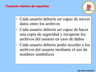 Cada usuario debería ser capaz de mover datos entre los archivos Cada usuario debería ser capaz de hacer una copia de seguridad y recuperar los archivos del usuario en caso de daños  Cada usuario debería poder acceder a los archivos del usuario mediante el uso de nombres simbólicos  Conjunto mínimo de requisitos 