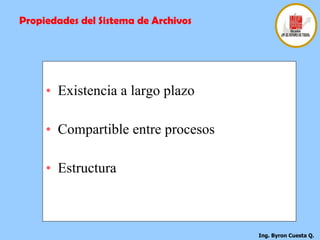 Existencia a largo plazo Compartible entre procesos Estructura Propiedades del Sistema de Archivos 