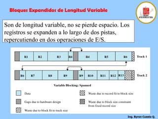 Bloques Expandidos de Longitud Variable Son de longitud variable, no se pierde espacio. Los registros se expanden a lo largo de dos pistas, repercutiendo en dos operaciones de E/S. 