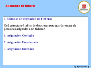 3. Métodos de asignación de Ficheros Qué estructura ó tablas de datos usar para guardar trazas de porciones asignadas a un fichero? 1. Asignación Contigüa 2. Asignación Encadenada 3. Asignación Indexada Asignación de ficheros 