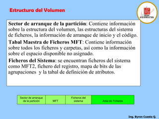 Sector de arranque de la partición MFT Ficheros del sistema Área de Ficheros Sector de arranque de la partición : Contiene información sobre la estructura del volumen, las estructuras del sistema de ficheros, la información de arranque de inicio y el código. Tabal Maestra de Ficheros MFT : Contiene información sobre todos los ficheros y carpetas, así como la información sobre el espacio disponible no asignado. Ficheros del Sistema : se encuentran ficheros del sistema como MFT2, fichero del registro, mapa de bits de las agrupaciones  y la tabal de definición de atributos. Estructura del Volumen 
