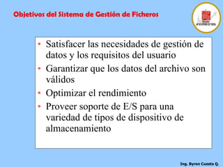 Satisfacer las necesidades de gestión de datos y los requisitos del usuario  Garantizar que los datos del archivo son válidos  Optimizar el rendimiento  Proveer soporte de E/S para una variedad de tipos de dispositivo de almacenamiento  Objetivos del Sistema de Gestión de Ficheros 
