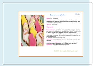 Ficha: 14
        Cocinero de galletitas

Edad:de 24 a 36 meses
Objetivo: En la cocina el niño también puede desarrollar diversas habilidades,
desde el desarrollo del lenguaje hasta las habilidades motrices y cognitivas. Deja
que el niño te ayude a hacer galletas.
Favorece: Motricidad

Organización:

Procedimiento:1. Estira la masa sobre una superficie con un poco de harina.
Deja que el niño te ayude a estirarla. 2. Dale al niño los moldes y enséñale a cortar
la masa con ellos. 3. Pon las galletas en una hoja de papel para hornear.
4. Deja que el niño decore las galletas con unos cuantos trocitos de caramelos.
5. Hornea las galletas según las instrucciones de la caja de la masa, retíralas del
horno y déjalas enfriar.
6. ¡Tomad las galletas con un vaso de leche!
Materiales: • Masa para galletas, Rodillo, Harina, Moldes para galletas y Papel
de hornear
Consideraciones especiales: Mantén vigilado al niño en todo momento
cuando esté en la cocina para evitar que se corte, se pinche o se lastime.
Referencia: (2011) Babysitterjuegayaprende




                  ALUMNAS: Amairany Castillo B, Karla A. Díaz F.
 