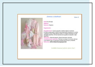 ¡Vamos a clasificar!                                               Ficha: 17

      specificas del cuerpo
Edad:24 a 36 meses
Objetivo:
Favorece: Espacio

Organización:

Procedimiento:1. Ayuda al pequeño a clasificar objetos en montones.
2. Él/ella le puede ayudar a ordenar la ropa lavada (poner calcetines en un montón
y camisas en otro).3. Haga juegos de "limpiar". 4. Puedes combinarlas con otras
actividades específicas, como por ejemplo poner juguetes en anaqueles o cajas
específicas.
Materiales: Ropita del pequeño y Ropa de hermanita o hermanito
Consideraciones especiales: Para que no se haga un lio de ropa, cuida que
no se mezcle la ropa y no aproveche el pequeño para provocar un desorden.
Referencia: (2011) Babysitterjuegayaprende




                  ALUMNAS: Amairany Castillo B, Karla A. Díaz F.
 