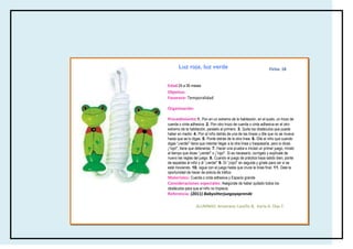Luz roja, luz verde                                           Ficha: 18

     specificas del
Edad:24 a 36 meses
     cuerpo
Objetivo:
Favorece: Temporalidad

Organización:

Procedimiento:1. Pon en un extremo de la habitación, en el suelo, un trozo de
cuerda o cinta adhesiva. 2. Pon otro trozo de cuerda o cinta adhesiva en el otro
extremo de la habitación, paralelo al primero. 3. Quita los obstáculos que pueda
haber en medio. 4. Pon al niño detrás de una de las líneas y dile que no se mueva
hasta que se lo digas. 5. Ponte detrás de la otra línea. 6. Dile al niño que cuando
digas “¡verde!” tiene que intentar llegar a la otra línea y traspasarla, pero si dices
¡”rojo!”, tiene que detenerse. 7. Hacer una prueba e iniciad un primer juego, míralo
al tiempo que dices “¡verde!” o ¡”rojo!”. Si es necesario, corrígelo y explícale de
nuevo las reglas del juego. 8. Cuando el juego de práctica haya salido bien, ponte
de espaldas al niño y di “¡verde!” 9. Di “¡rojo!” en seguida y gírate para ver si se
está moviendo. 10. sigue con el juego hasta que cruce la línea final. 11. Dale la
oportunidad de hacer de policía de tráfico.
Materiales: Cuerda o cinta adhesiva y Espacio grande
Consideraciones especiales: Asegúrate de haber quitado todos los
obstáculos para que el niño no tropiece.
Referencia: (2011) Babysitterjuegayaprende

                   ALUMNAS: Amairany Castillo B, Karla A. Díaz F.
 